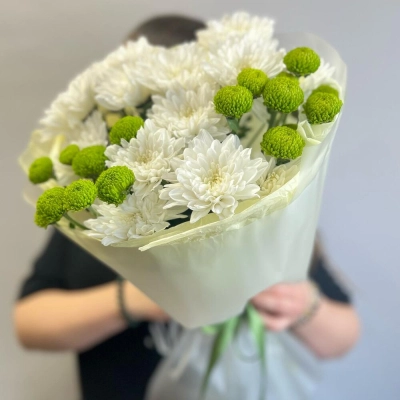 Эксклюзивный букет «Филин Грин» – сочетание белых и зеленых хризантем Белая Калитва Ростовская область