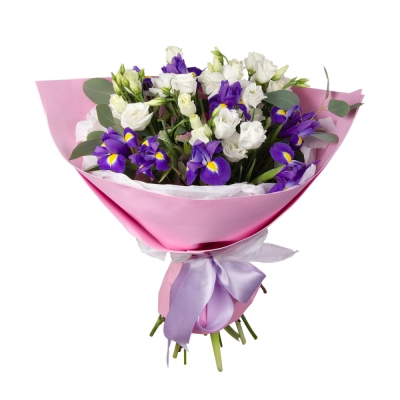 Букет «Подарок» – элегантная композиция из ирисов, эустом и эвкалипта Белая Калитва Ростовская область