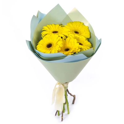 Яркий букет из 5 жёлтых гербер – как кусочек солнца в ваших руках Белая Калитва Ростовская область