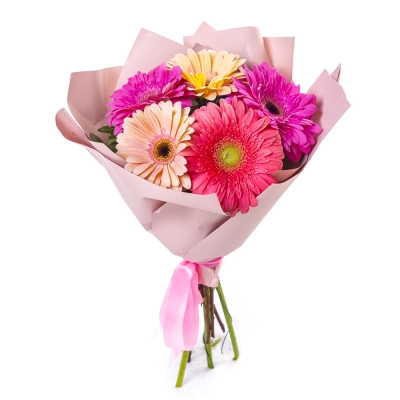 Яркий букет из 5 разноцветных гербер – солнечное настроение в подарок Белая Калитва Ростовская область
