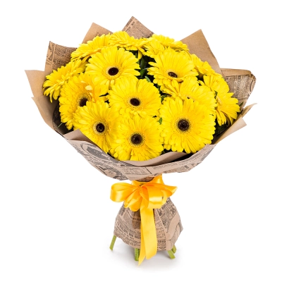 Пышный букет из 15 жёлтых гербер – как луч солнца в ваших руках Белая Калитва Ростовская область